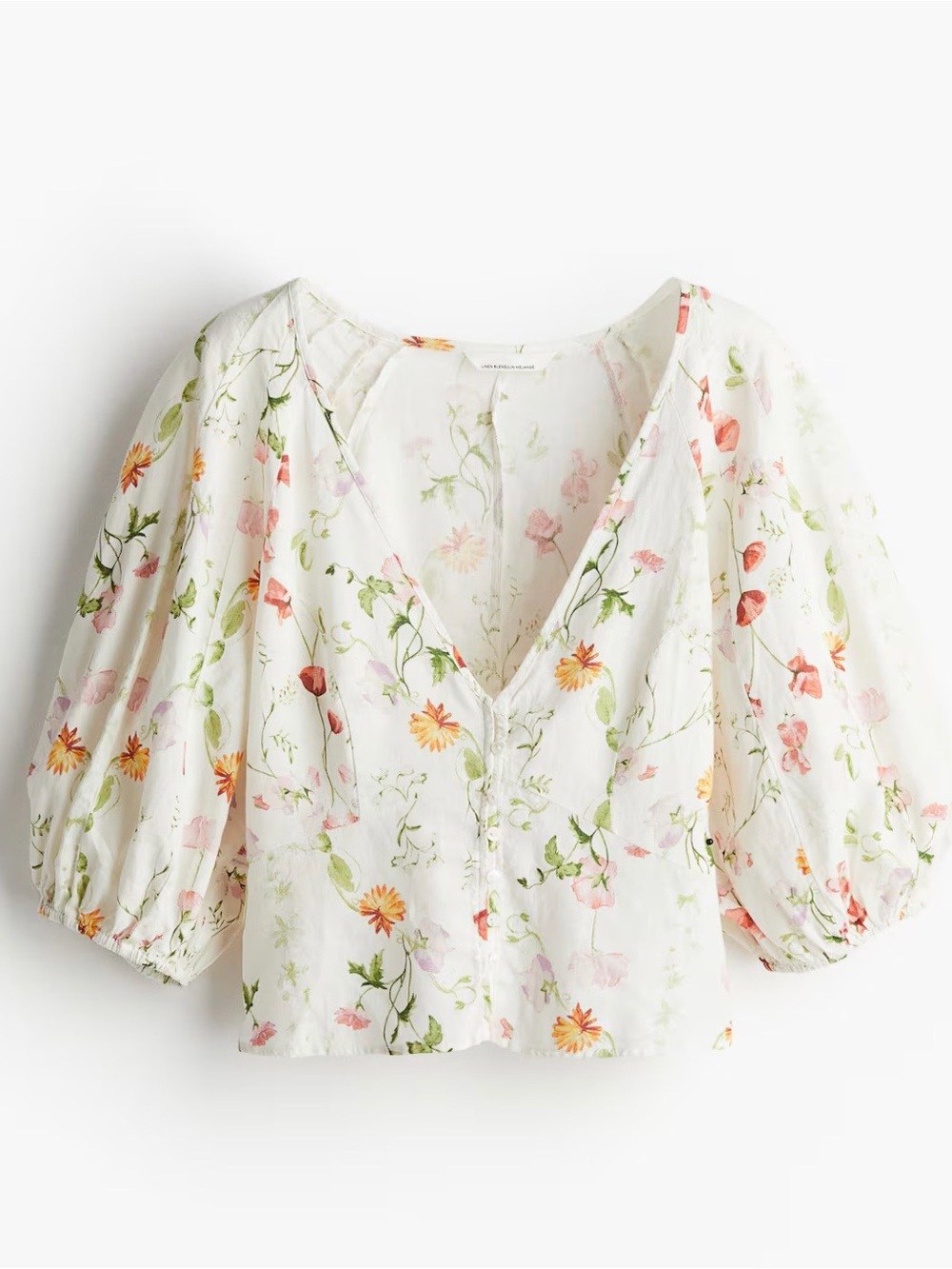 HM 100% Linen White Floral V-Neck Puff Sleeve Top